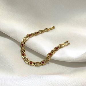 Vintage Gold Tone Tennis Bracelet with Red & White Cabochons